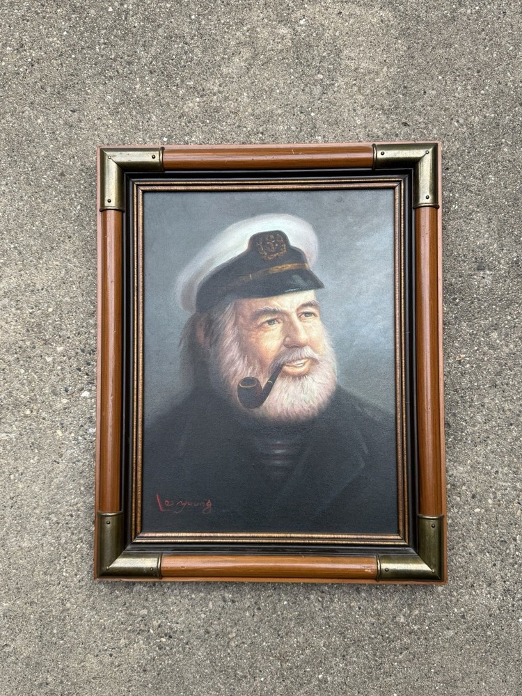 Vintage Nautical Oil Canvas Painting Sea Captain Portrait Pipe Signed Lee Young