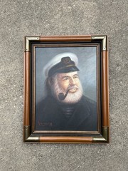 Vintage Nautical Oil Canvas Painting Sea Captain Portrait Pipe Signed Lee Young