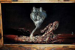 Vtg NATIVE AMERICAN WOLF Original BLACK VELVET OIL PAINTING Carved Wood Frame