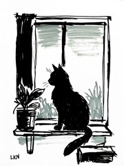 Laeknapes House Cat Cozy Window Art 12×9 Original Abstract Paper Decor Painting
