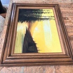 Oil Painted Landscape of a Sunset Over Water w Trees Wood Frame 18 x 24″ Gloria