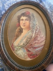 vintage oil on canvas painting, Spanish cigar box woman portrait oval