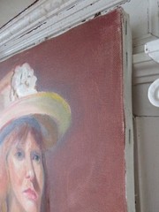 Vintage PORTRAIT OIL PAINTING GORGEOUS Woman Lady Wearing HAT with Flower
