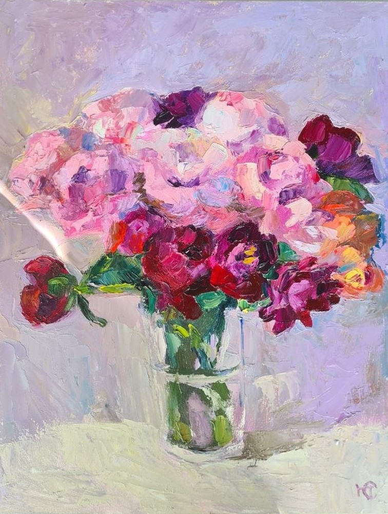 Original Oil Painting Peonies Colorful Still Life 18×14 in Oil on Board Signed