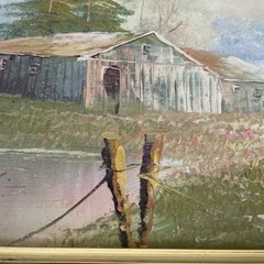 Rural Landscape Homestead Oil Painting on Board Signed Brandt & Framed 12×14”