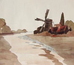 Wide River Landscape with Windmill, Watercolor, Art Nouveau, France c1900