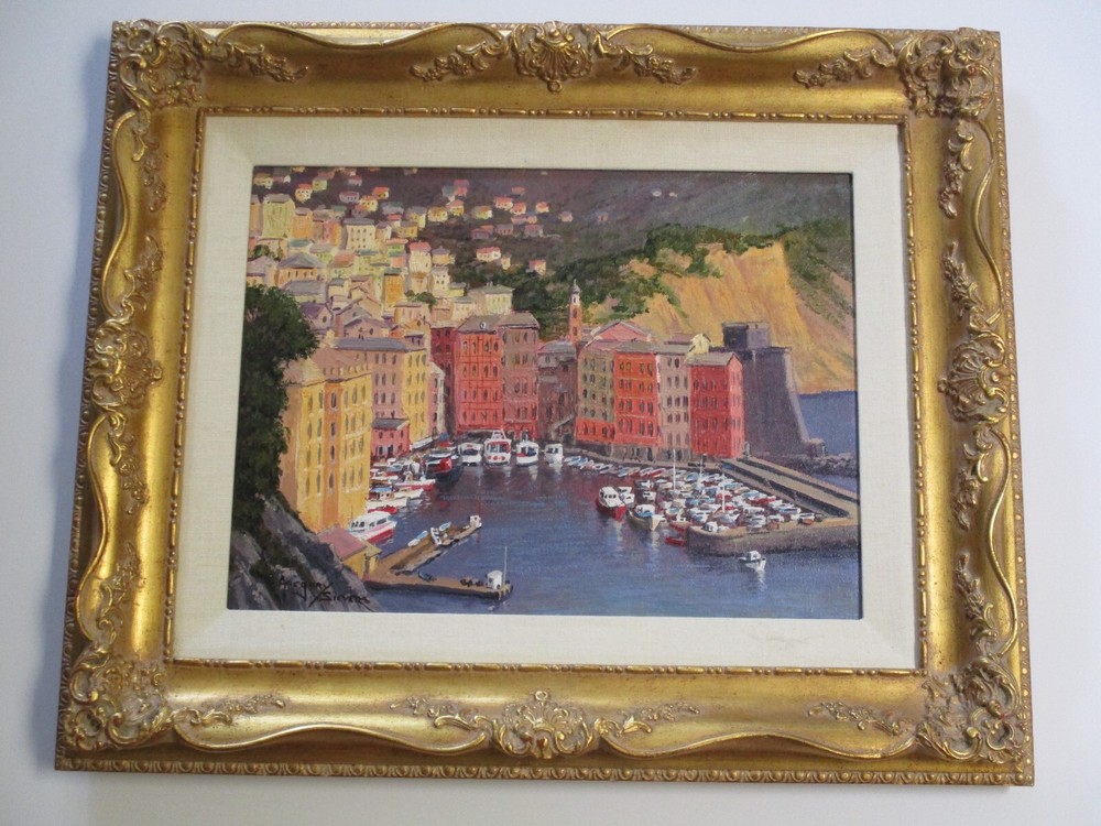 GREGORY SIEVERS OIL PAINTING ITALIAN RIVIERA NAUTICAL COASTAL LANDSCAPE RARE