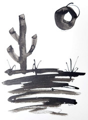Original Abstract 9×12 Desert Landscape Painting Acrylic Black White Wall Art