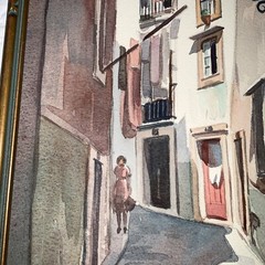 Vintage 1959 European street landscape watercolor painting signed hand painted