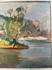 FRED D PENNY ST MARYS SEMINARY BRIDGE ILLINOIS LANDSCAPE VINTAGE OIL PAINTING