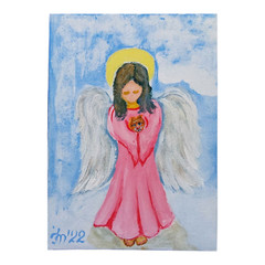 Angel a Guardian and a Cat Original Painting Angel Wings Handmade Wall Art OOAK