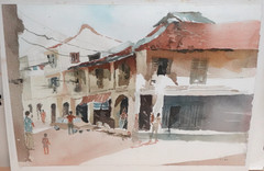 CHO KAI PIN ORIGINAL WATERCOLOR ON PAPER ASIAN STREET SCENE PAINTING 1986