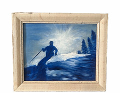 With Vintage Skier Oil Painting Blue Monochromatic Winter Sports Framed