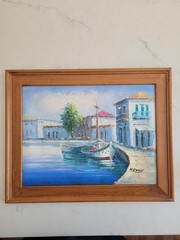 Oil Painting Mediterranean Harbor Scene Signed – Aaron Brothers – Wood Frame