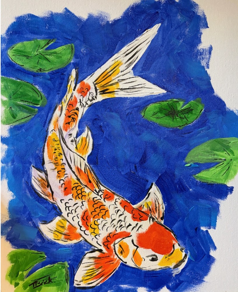 Original Koi Fish Painting Pond Lily Pads Art 11×14 Signed Acrylic Canvas