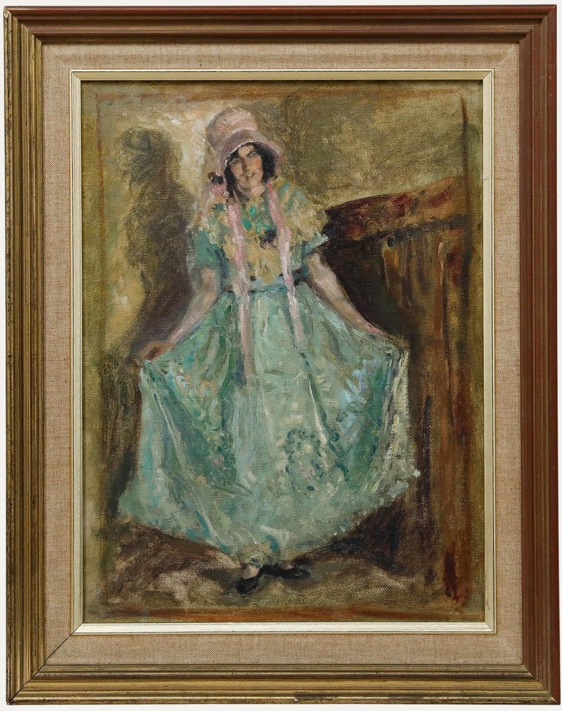 Framed Mid 20th Century Oil – Curtsy in the Green Dress