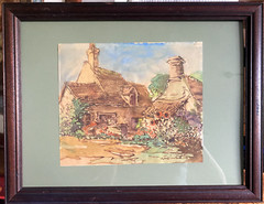 Watercolor City Old Building Farm Illegibly Signed Farmhouse 1948 France