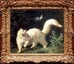 Vintage Oil Painting White Persian Cat Chasing Butterfly Antique Pet Animals