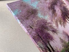 Large spring cherry tree blossom landscape, Sakura blossoming colorful painting
