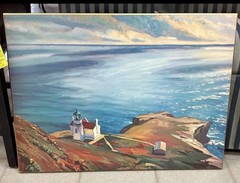 Large painting of lighthouse on a cliff overlooking the sea 32.5” wide 24” tall