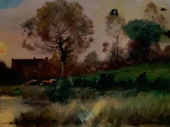 19th FRENCH BARBIZON Duchemin SUNSET LANDSCAPE Signed Rare Vintage Oil on Canvas