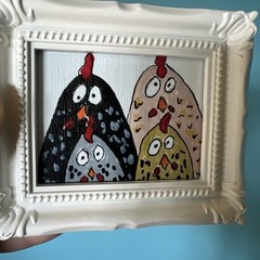 Chickens Hens Funny Animals, cute,original,miniature Painting,small,mini,framed