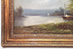 1900’s MYSTERY ARTIST ORIGINAL ANTIQUE O/C SAILBOATS LAKESCAPE FIGURES FRAMED
