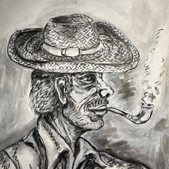 Vintage „Man Smoking A Pipe” Black / White Painting – Signed And Framed 32 x 29