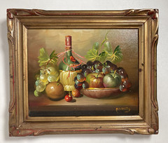 Vintage Original Oil Painting -Still Life, Wine, Grapes, Apple, Orange -Signed