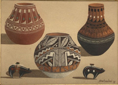 1976 Eugene Baatsoslanii Joe ORIGINAL NAVAJO SAND PAINTING „THREE POTTERY JUGS”