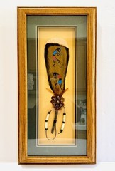 Hand Painted Kokopelli Turkey Feather Art Southwest Collage Framed Beaded 22″