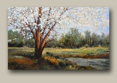 Acrylic painting on canvas of white dogwood tree near a lake.