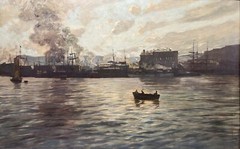 LEOPOLD BERAN INDUSTRIAL PORT SEASCAPE TONALIST MID CENTURY ANTIQUE OIL PAINTING
