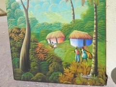 Vintage Haitian naive art colorful painting village scene signed