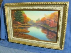 Brilliant Fall Foliage Vintage Oil Painting Landscape Around Stream 1960’s