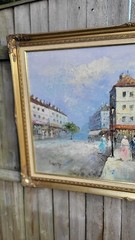 Burnett Signed Original Painting Oil on Canvas L 41×29 in Vintage Paris Street