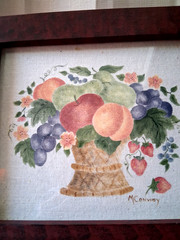 Vintage Framed Folk Art Theorem Painting Fruit Basket signed M Conway 11″ x 12″