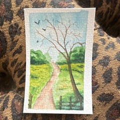 ACEO Watercolor original painting. Miniature Landscape Path Tree Birds Unframed