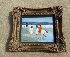 Girls On Summer Beach Signed French Impressionist On Copper Enamel Painting