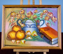 Vintage Painting Colourful Still Life Flowers, Apples & Books – Acrylic on Box