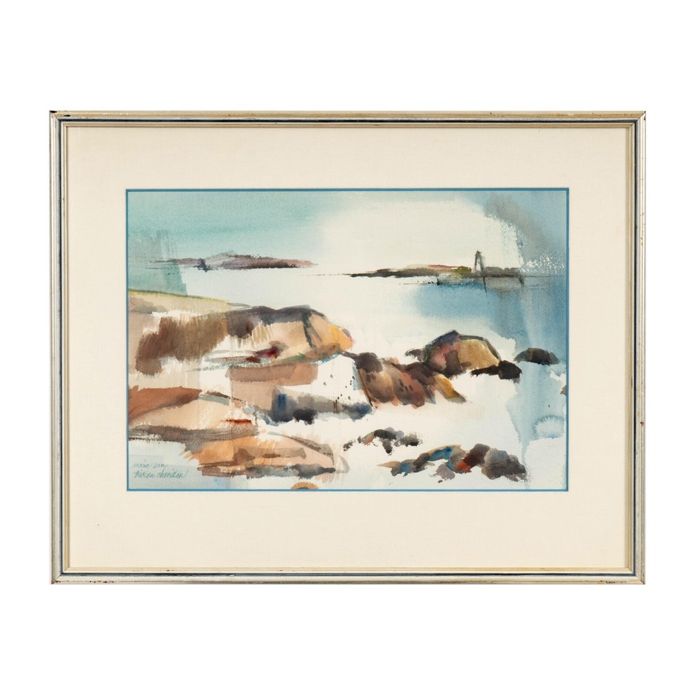 VIVIAN CHEVILLON (1923-2005) Mid Century Maine Sun Seascape w Lighthouse w/c