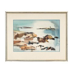 VIVIAN CHEVILLON (1923-2005) Mid Century Maine Sun Seascape w Lighthouse w/c