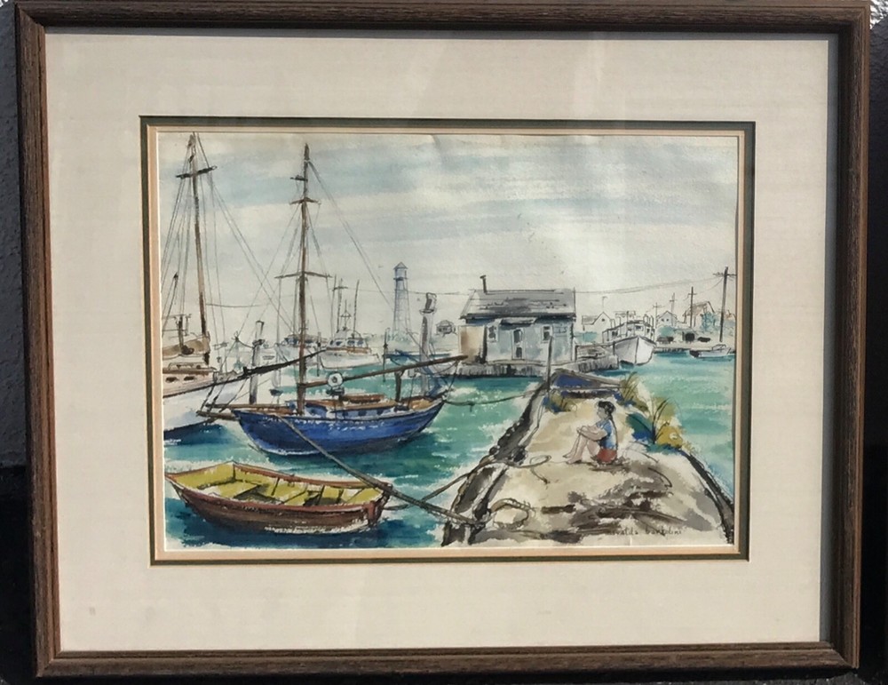 Harbor Scene Boats California Landscape Watercolor Painting by Nevalda Bartolini