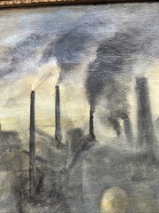Rare 1936 Antique Ashcan Surrealist Social Realist Painting; Factory Workers