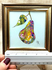 Original Oil Painting 4×4 in Framed Signed Pear Fruit Floral Impasto Art