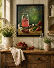 Strawberry Still Life Painting 20×16 Framed Daisies Acrylic Canvas