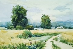 Watercolor painting. Landscape with field and trees.