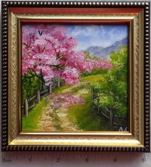 Original Oil Painting Spring Landscape with Sakura Village Road 4 x 4 in