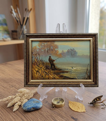 Fisherman Original Oil Painting 6×4 Framed Signed Fishing River Landscape Art