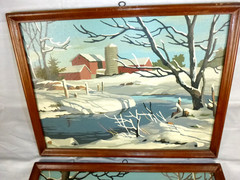 Pr Vtg 60s Paint By Number Paintings Craft Master Winter on The Farm 16×12″